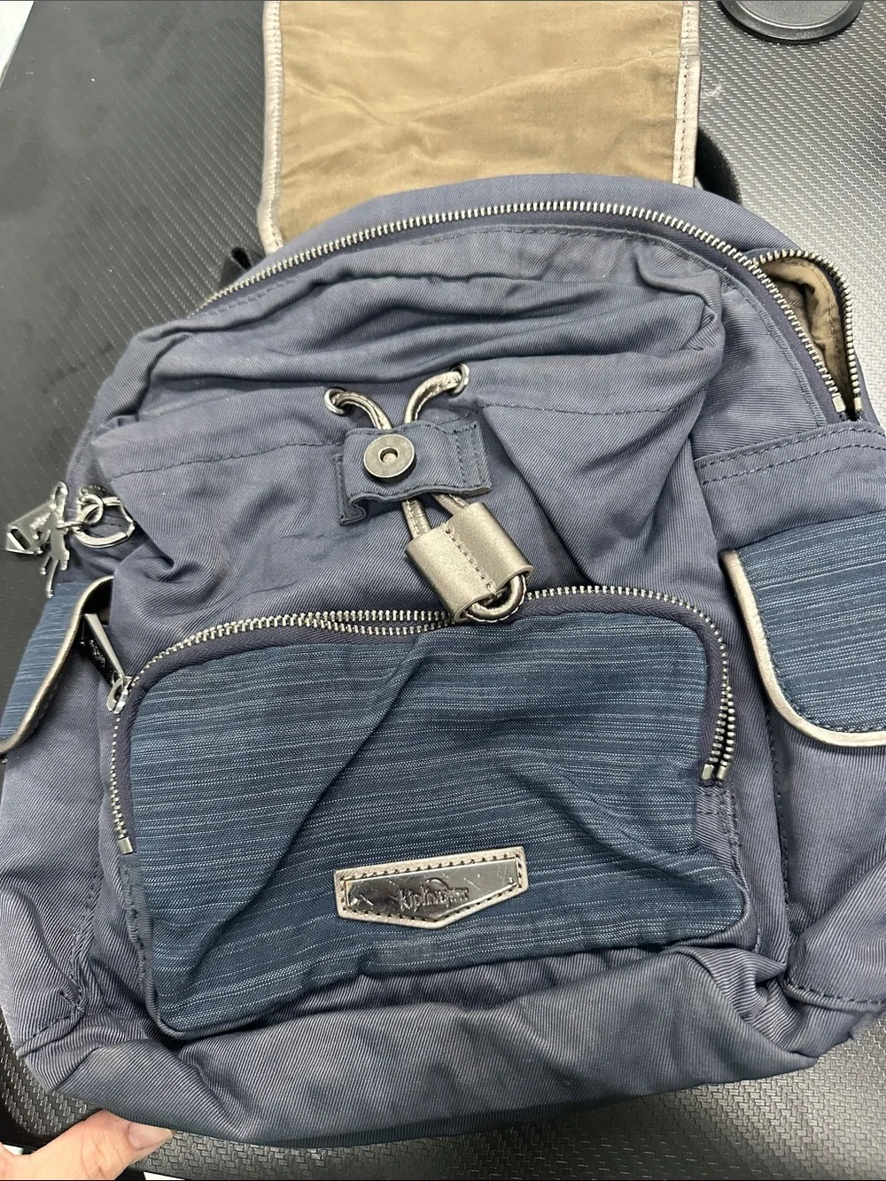 Kipling Denim-Effect Navy Backpack with Cream Trim